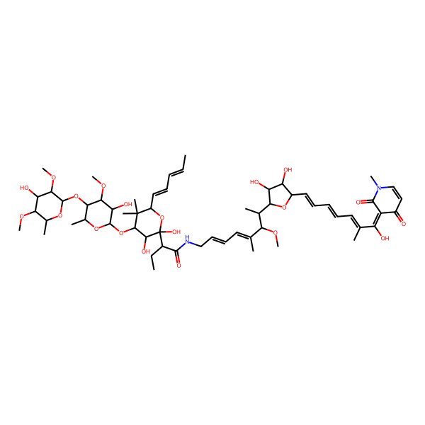 2D Structure of 2-[2,3-dihydroxy-4-[3-hydroxy-5-(4-hydroxy-3,5-dimethoxy-6-methyloxan-2-yl)oxy-4-methoxy-6-methyloxan-2-yl]oxy-5,5-dimethyl-6-[(1E,3E)-penta-1,3-dienyl]oxan-2-yl]-N-[(2E,4E)-7-[3,4-dihydroxy-5-[(1E,3E,5E,7E)-7-hydroxy-6-methyl-7-(1-methyl-2,4-dioxo-3-pyridinylidene)hepta-1,3,5-trienyl]oxolan-2-yl]-6-methoxy-5-methylocta-2,4-dienyl]butanamide