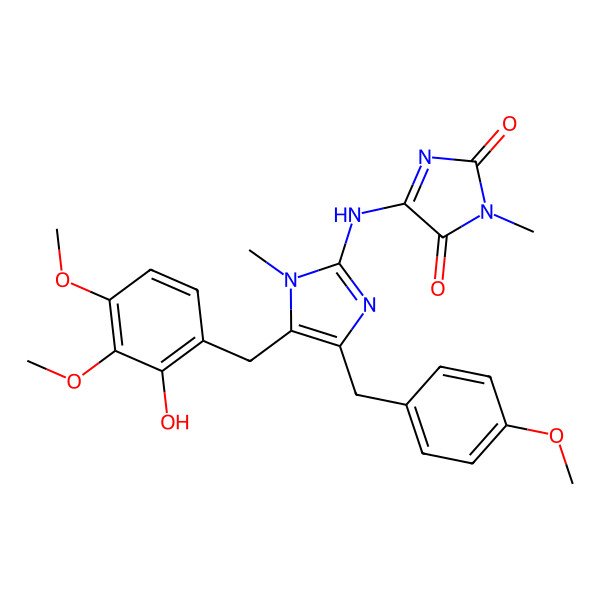 2D Structure of 5-[[5-[(2-hydroxy-3,4-dimethoxyphenyl)methyl]-4-[(4-methoxyphenyl)methyl]-1-methylimidazol-2-yl]amino]-3-methylimidazole-2,4-dione