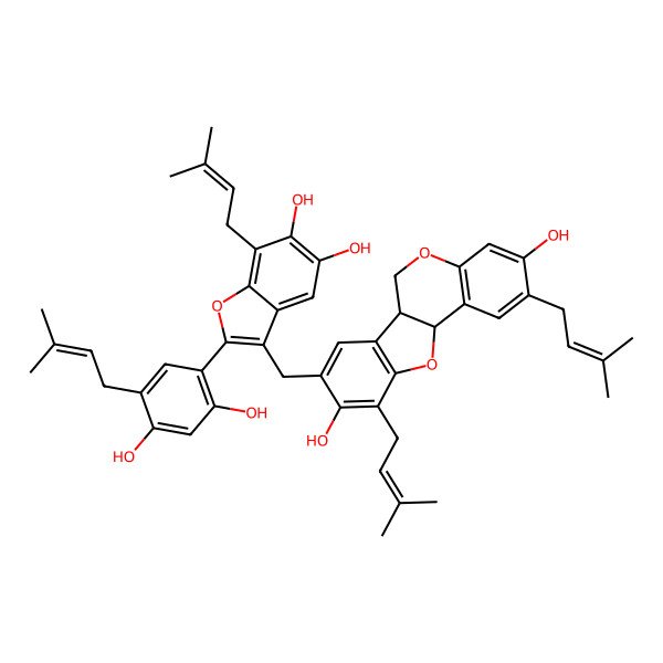 2D Structure of (6aR,11aR)-8-[[2-[2,4-dihydroxy-5-(3-methylbut-2-enyl)phenyl]-5,6-dihydroxy-7-(3-methylbut-2-enyl)-1-benzofuran-3-yl]methyl]-2,10-bis(3-methylbut-2-enyl)-6a,11a-dihydro-6H-[1]benzofuro[3,2-c]chromene-3,9-diol