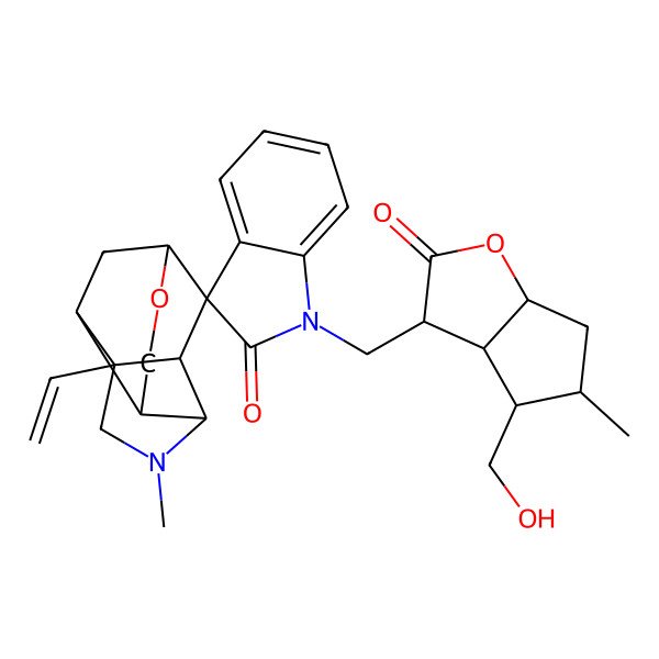 2D Structure of (1R,2R,5R,6R,7S,8R,11R)-1'-[[(3R,3aS,4R,5S,6aS)-4-(hydroxymethyl)-5-methyl-2-oxo-3,3a,4,5,6,6a-hexahydrocyclopenta[b]furan-3-yl]methyl]-2-ethenyl-4-methylspiro[9-oxa-4-azatetracyclo[6.3.1.02,6.05,11]dodecane-7,3'-indole]-2'-one