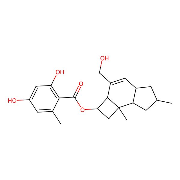 2D Structure of [3-(Hydroxymethyl)-6,7b-dimethyl-1,2,2a,4a,5,6,7,7a-octahydrocyclobuta[e]inden-2-yl] 2,4-dihydroxy-6-methylbenzoate