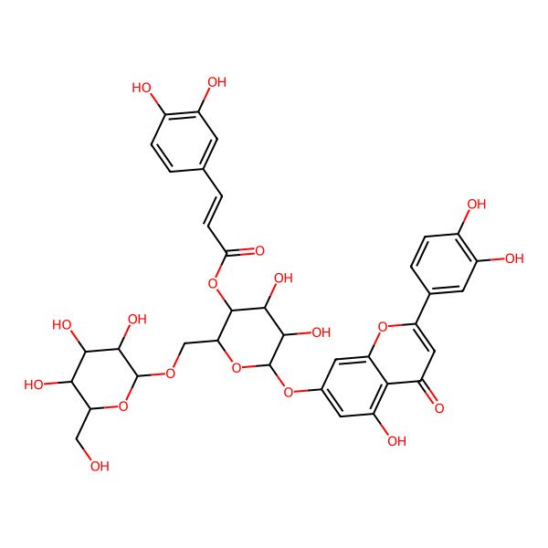 2D Structure of [(2R,3S,4R,5R,6S)-6-[2-(3,4-dihydroxyphenyl)-5-hydroxy-4-oxochromen-7-yl]oxy-4,5-dihydroxy-2-[[(2R,3R,4S,5S,6R)-3,4,5-trihydroxy-6-(hydroxymethyl)oxan-2-yl]oxymethyl]oxan-3-yl] (E)-3-(3,4-dihydroxyphenyl)prop-2-enoate