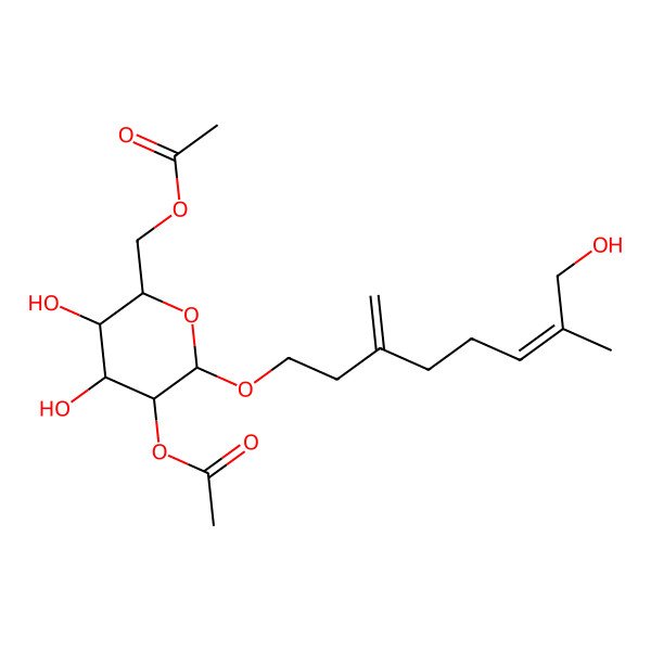 2D Structure of [(2R,3S,4S,5R,6R)-5-acetyloxy-3,4-dihydroxy-6-[(E)-8-hydroxy-7-methyl-3-methylideneoct-6-enoxy]oxan-2-yl]methyl acetate