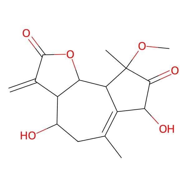 2D Structure of 4,7-Dihydroxy-9-methoxy-6,9-dimethyl-3-methylidene-3a,4,5,7,9a,9b-hexahydroazuleno[4,5-b]furan-2,8-dione