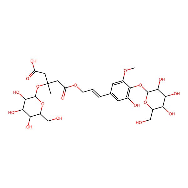 2D Structure of (3S)-5-[(E)-3-[3-hydroxy-5-methoxy-4-[(2S,3R,4S,5S,6R)-3,4,5-trihydroxy-6-(hydroxymethyl)oxan-2-yl]oxyphenyl]prop-2-enoxy]-3-methyl-5-oxo-3-[(2S,3R,4S,5S,6R)-3,4,5-trihydroxy-6-(hydroxymethyl)oxan-2-yl]oxypentanoic acid