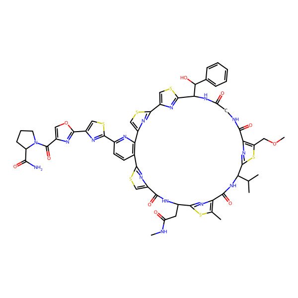 2D Structure of 1-[2-[2-[35-[Hydroxy(phenyl)methyl]-28-(methoxymethyl)-21-methyl-18-[2-(methylamino)-2-oxoethyl]-16,23,30,33-tetraoxo-25-propan-2-yl-3,13,20,27,37-pentathia-7,17,24,31,34,39,40,41,42,43-decazaheptacyclo[34.2.1.12,5.112,15.119,22.126,29.06,11]tritetraconta-1(38),2(43),4,6(11),7,9,12(42),14,19(41),21,26(40),28,36(39)-tridecaen-8-yl]-1,3-thiazol-4-yl]-1,3-oxazole-4-carbonyl]pyrrolidine-2-carboxamide