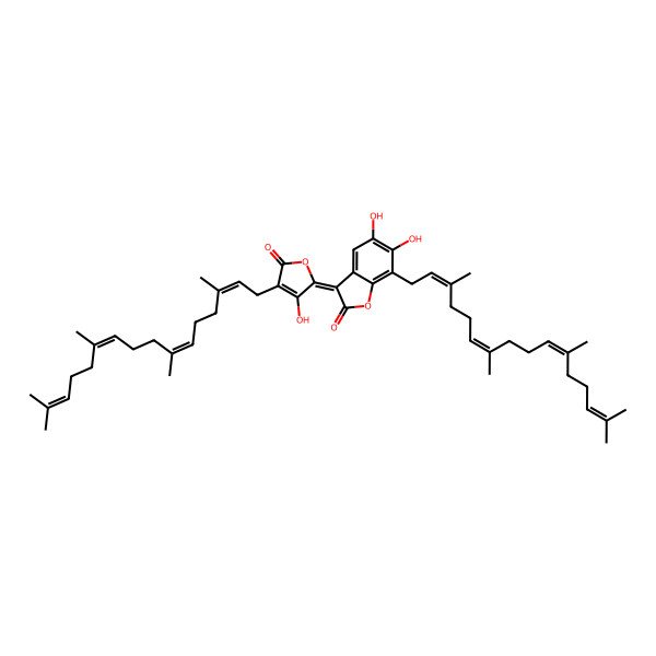 2D Structure of (3E)-5,6-dihydroxy-3-[3-hydroxy-5-oxo-4-[(2E,6E,10E)-3,7,11,15-tetramethylhexadeca-2,6,10,14-tetraenyl]furan-2-ylidene]-7-[(2E,6E,10E)-3,7,11,15-tetramethylhexadeca-2,6,10,14-tetraenyl]-1-benzofuran-2-one
