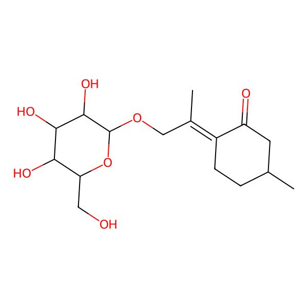 2D Structure of (2E,5R)-5-methyl-2-[1-[(3S,4R,5R,6S)-3,4,5-trihydroxy-6-(hydroxymethyl)oxan-2-yl]oxypropan-2-ylidene]cyclohexan-1-one