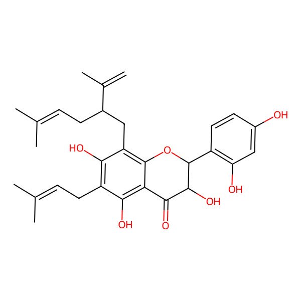 2D Structure of (2R,3R)-2-(2,4-dihydroxyphenyl)-3,5,7-trihydroxy-6-(3-methylbut-2-enyl)-8-[(2S)-5-methyl-2-prop-1-en-2-ylhex-4-enyl]-2,3-dihydrochromen-4-one