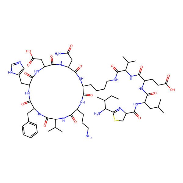 2D Structure of (4R)-4-[[(2S)-2-[[(4R)-2-[(1S,2S)-1-amino-2-methylbutyl]-4,5-dihydro-1,3-thiazole-4-carbonyl]amino]-4-methylpentanoyl]amino]-5-[[(2S)-1-[4-[(2S,5R,8S,11R,14S,17R,20S)-20-(2-amino-2-oxoethyl)-5-(3-aminopropyl)-11-benzyl-17-(carboxymethyl)-14-(1H-imidazol-5-ylmethyl)-3,6,9,12,15,18,21-heptaoxo-8-propan-2-yl-1,4,7,10,13,16,19-heptazacyclohenicos-2-yl]butylamino]-3-methyl-1-oxobutan-2-yl]amino]-5-oxopentanoic acid