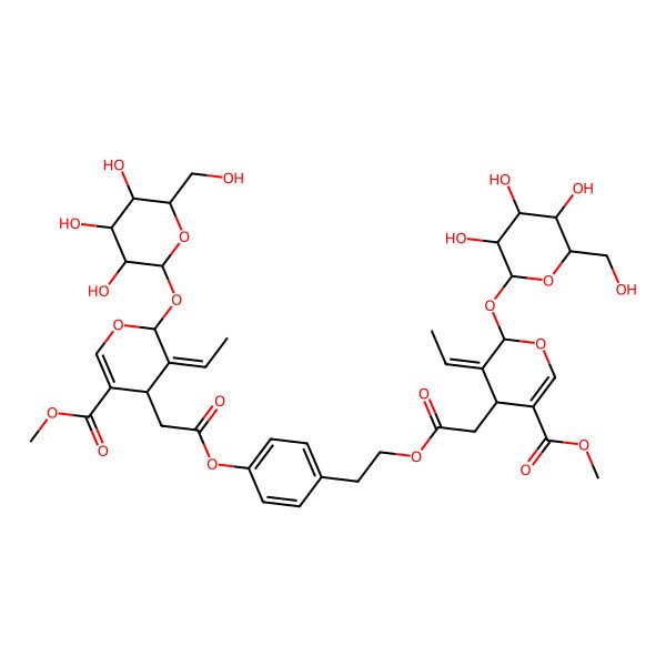 2D Structure of methyl (4S,5Z,6S)-5-ethylidene-4-[2-[2-[4-[2-[(2S,3Z,4S)-3-ethylidene-5-methoxycarbonyl-2-[(2S,3R,4S,5S,6R)-3,4,5-trihydroxy-6-(hydroxymethyl)oxan-2-yl]oxy-4H-pyran-4-yl]acetyl]oxyphenyl]ethoxy]-2-oxoethyl]-6-[(2S,3R,4S,5S,6R)-3,4,5-trihydroxy-6-(hydroxymethyl)oxan-2-yl]oxy-4H-pyran-3-carboxylate