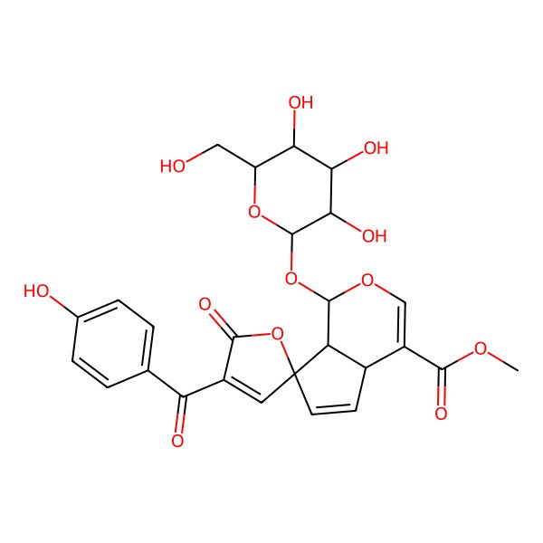 2D Structure of methyl (1R,4aR,7R,7aS)-4'-(4-hydroxybenzoyl)-5'-oxo-1-[(2S,3R,4S,5R,6R)-3,4,5-trihydroxy-6-(hydroxymethyl)oxan-2-yl]oxyspiro[4a,7a-dihydro-1H-cyclopenta[c]pyran-7,2'-furan]-4-carboxylate