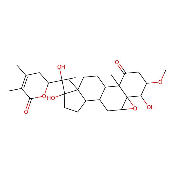 2D Structure of 15-[1-(4,5-Dimethyl-6-oxo-2,3-dihydropyran-2-yl)-1-hydroxyethyl]-6,15-dihydroxy-5-methoxy-2,16-dimethyl-8-oxapentacyclo[9.7.0.02,7.07,9.012,16]octadecan-3-one