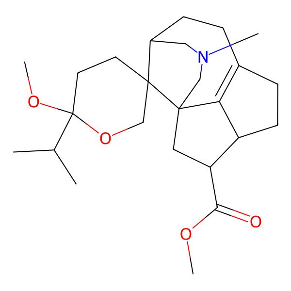2D Structure of methyl (1R,2'R,5S,11R,12R,15R)-2'-methoxy-3-methyl-2'-propan-2-ylspiro[3-azatetracyclo[6.5.1.11,5.011,14]pentadec-8(14)-ene-15,5'-oxane]-12-carboxylate