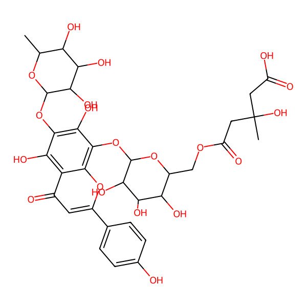 2D Structure of (3S)-5-[[(2R,3S,4S,5R,6S)-6-[5,7-dihydroxy-2-(4-hydroxyphenyl)-4-oxo-6-[(2S,3R,4R,5R,6S)-3,4,5-trihydroxy-6-methyloxan-2-yl]oxychromen-8-yl]oxy-3,4,5-trihydroxyoxan-2-yl]methoxy]-3-hydroxy-3-methyl-5-oxopentanoic acid