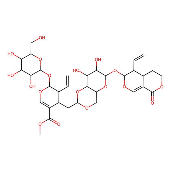 2D Structure of methyl 3-ethenyl-4-[[6-[(4-ethenyl-8-oxo-4,4a,5,6-tetrahydro-3H-pyrano[3,4-c]pyran-3-yl)oxy]-7,8-dihydroxy-4,4a,6,7,8,8a-hexahydropyrano[3,2-d][1,3]dioxin-2-yl]methyl]-2-[3,4,5-trihydroxy-6-(hydroxymethyl)oxan-2-yl]oxy-3,4-dihydro-2H-pyran-5-carboxylate