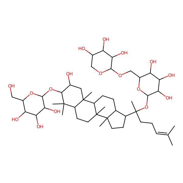 2D Structure of (2R,3S,4S,5R,6R)-2-(hydroxymethyl)-6-[[(2R,3R,5R,8R,9R,10R,13R,14R,17S)-2-hydroxy-4,4,8,10,14-pentamethyl-17-[(2S)-6-methyl-2-[(2S,3R,4S,5S,6R)-3,4,5-trihydroxy-6-[[(2S,3R,4S,5R)-3,4,5-trihydroxyoxan-2-yl]oxymethyl]oxan-2-yl]oxyhept-5-en-2-yl]-2,3,5,6,7,9,11,12,13,15,16,17-dodecahydro-1H-cyclopenta[a]phenanthren-3-yl]oxy]oxane-3,4,5-triol