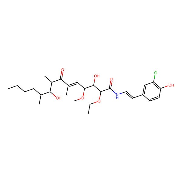 2D Structure of N-[2-(3-chloro-4-hydroxyphenyl)ethenyl]-2-ethoxy-3,9-dihydroxy-4-methoxy-6,8,10-trimethyl-7-oxotetradec-5-enamide