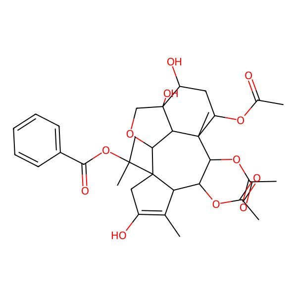 2D Structure of 2-[(1S,2S,7R,8R,9S,10S,12S,13S,16R)-7,8,10-triacetyloxy-4,12,13-trihydroxy-5,9-dimethyl-15-oxatetracyclo[7.6.1.02,6.013,16]hexadec-4-en-2-yl]propan-2-yl benzoate