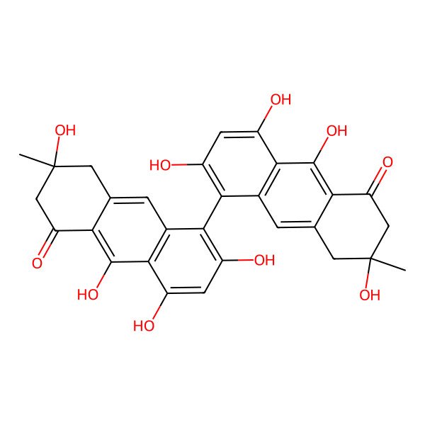 2D Structure of 3,6,8,9-Tetrahydroxy-3-methyl-5-(2,4,7,10-tetrahydroxy-7-methyl-5-oxo-6,8-dihydroanthracen-1-yl)-2,4-dihydroanthracen-1-one 2D Structure of 3,6,8,9-Tetrahydroxy-3-methyl-5-(2,4,7,10-tetrahydroxy-7-methyl-5-oxo-6,8-dihydroanthracen-1-yl)-2,4-dihydroanthracen-1-one