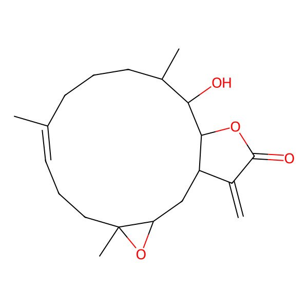 2D Structure of (1S,3S,5R,8E,13R,14S,15R)-14-hydroxy-5,9,13-trimethyl-18-methylidene-4,16-dioxatricyclo[13.3.0.03,5]octadec-8-en-17-one