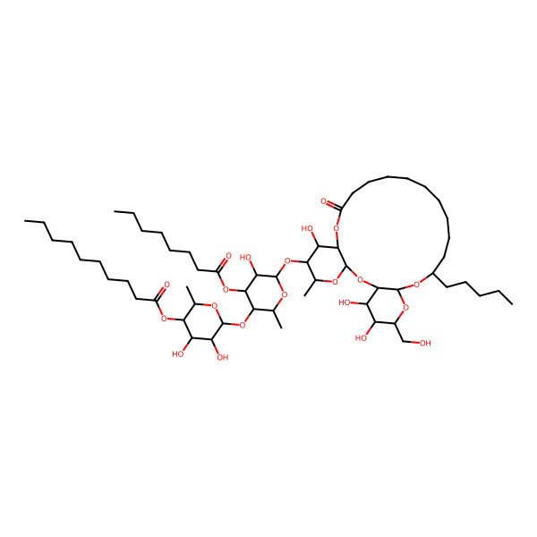 2D Structure of [4,5-Dihydroxy-6-[5-hydroxy-2-methyl-4-octanoyloxy-6-[[7,25,26-trihydroxy-24-(hydroxymethyl)-5-methyl-10-oxo-20-pentyl-2,4,9,21,23-pentaoxatricyclo[20.4.0.03,8]hexacosan-6-yl]oxy]oxan-3-yl]oxy-2-methyloxan-3-yl] decanoate
