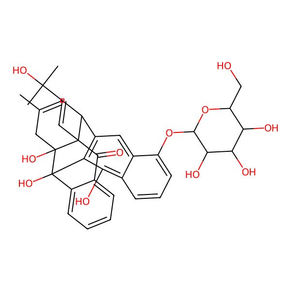 2D Structure of (2S,10S,11S,15R)-2,11,24-trihydroxy-10-[(E)-3-hydroxy-3-methylbut-1-enyl]-13-methyl-19-[(2R,3S,4S,5R,6R)-3,4,5-trihydroxy-6-(hydroxymethyl)oxan-2-yl]oxyhexacyclo[14.8.0.02,11.03,8.010,15.018,23]tetracosa-1(16),3,5,7,13,17,19,21,23-nonaen-9-one