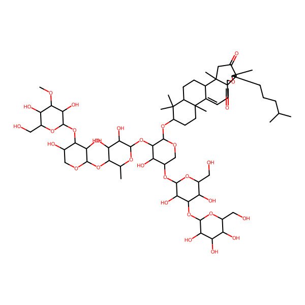 2D Structure of (1S,2S,5S,6S,9S,13S,16S,18R)-16-[(2S,3R,4S,5R)-3-[(2S,3R,4R,5S,6R)-5-[(2S,3R,4S,5R)-4-[(2S,3R,4S,5R,6R)-3,5-dihydroxy-6-(hydroxymethyl)-4-methoxyoxan-2-yl]oxy-3,5-dihydroxyoxan-2-yl]oxy-3,4-dihydroxy-6-methyloxan-2-yl]oxy-5-[(2S,3R,4S,5R,6R)-3,5-dihydroxy-6-(hydroxymethyl)-4-[(2S,3R,4S,5S,6R)-3,4,5-trihydroxy-6-(hydroxymethyl)oxan-2-yl]oxyoxan-2-yl]oxy-4-hydroxyoxan-2-yl]oxy-2,6,13,17,17-pentamethyl-6-(4-methylpentyl)-7-oxapentacyclo[10.8.0.02,9.05,9.013,18]icos-11-ene-4,8-dione
