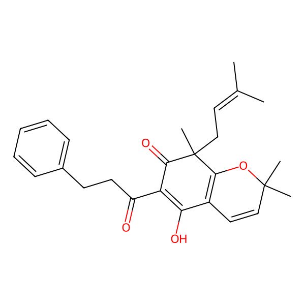 2D Structure of (8R)-5-hydroxy-2,2,8-trimethyl-8-(3-methylbut-2-enyl)-6-(3-phenylpropanoyl)chromen-7-one