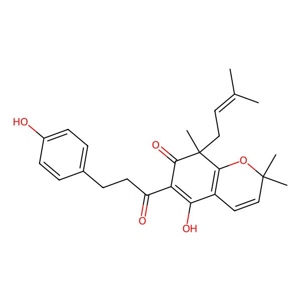 2D Structure of (8R)-5-hydroxy-6-[3-(4-hydroxyphenyl)propanoyl]-2,2,8-trimethyl-8-(3-methylbut-2-enyl)chromen-7-one