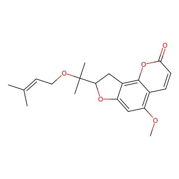 2D Structure of (8R)-5-methoxy-8-[2-(3-methylbut-2-enoxy)propan-2-yl]-8,9-dihydrofuro[2,3-h]chromen-2-one