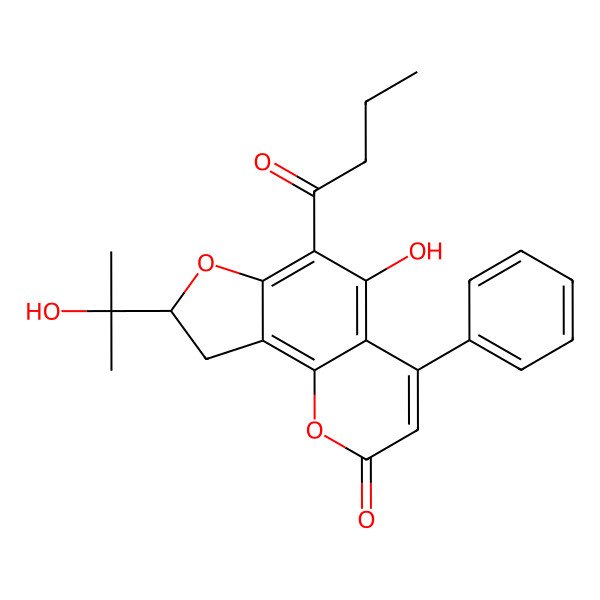 2D Structure of (8R)-6-butanoyl-5-hydroxy-8-(2-hydroxypropan-2-yl)-4-phenyl-8,9-dihydrofuro[2,3-h]chromen-2-one