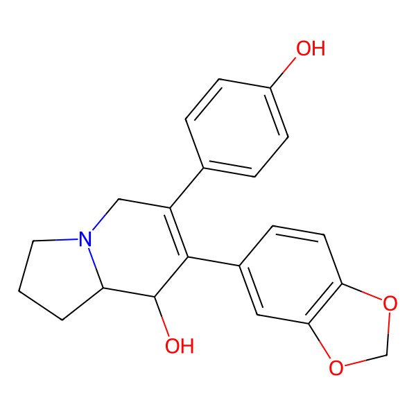 2D Structure of (8R,8aS)-7-(1,3-benzodioxol-5-yl)-6-(4-hydroxyphenyl)-1,2,3,5,8,8a-hexahydroindolizin-8-ol