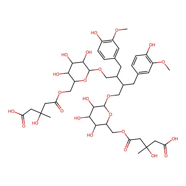 2D Structure of (8R,8'R)-Secoisolariciresinol 9,9'-bis-[4-carboxy-3-hydroxy-3-methylbutanoyl-(->6)-glucoside]