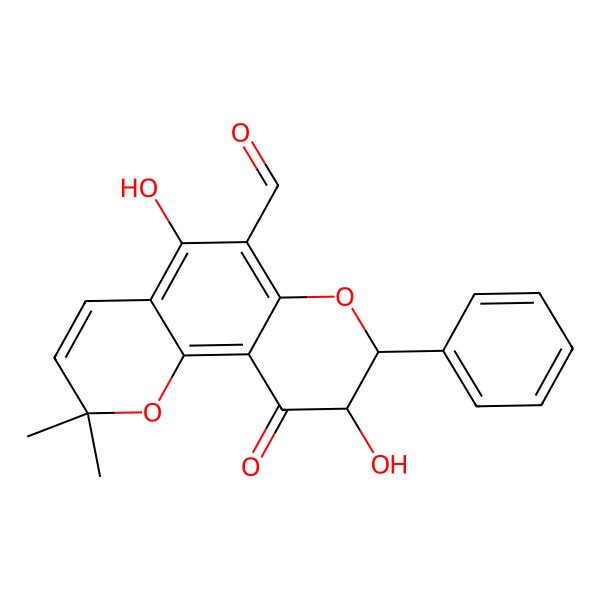 2D Structure of (8R,9R)-5,9-dihydroxy-2,2-dimethyl-10-oxo-8-phenyl-8,9-dihydropyrano[2,3-f]chromene-6-carbaldehyde