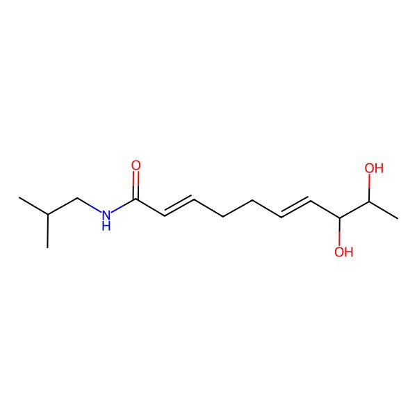 2D Structure of (8R,9R)-8,9-dihydroxy-N-(2-methylpropyl)deca-2,6-dienamide 2D Structure of (8R,9R)-8,9-dihydroxy-N-(2-methylpropyl)deca-2,6-dienamide
