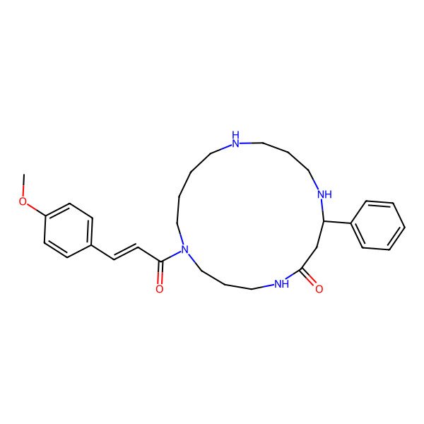 2D Structure of (8S)-1-[(E)-3-(4-methoxyphenyl)prop-2-enoyl]-8-phenyl-1,5,9,13-tetrazacycloheptadecan-6-one