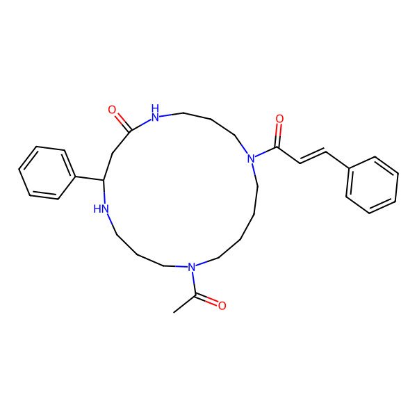 2D Structure of (8S)-13-acetyl-8-phenyl-1-[(Z)-3-phenylprop-2-enoyl]-1,5,9,13-tetrazacycloheptadecan-6-one