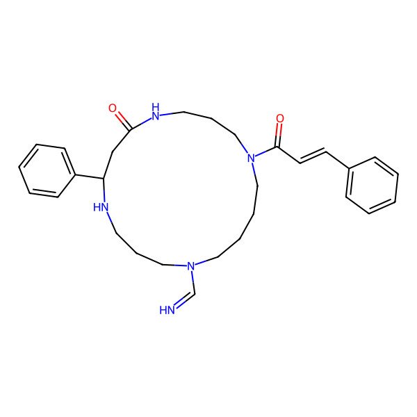 2D Structure of (8S)-13-methanimidoyl-8-phenyl-1-[(E)-3-phenylprop-2-enoyl]-1,5,9,13-tetrazacycloheptadecan-6-one