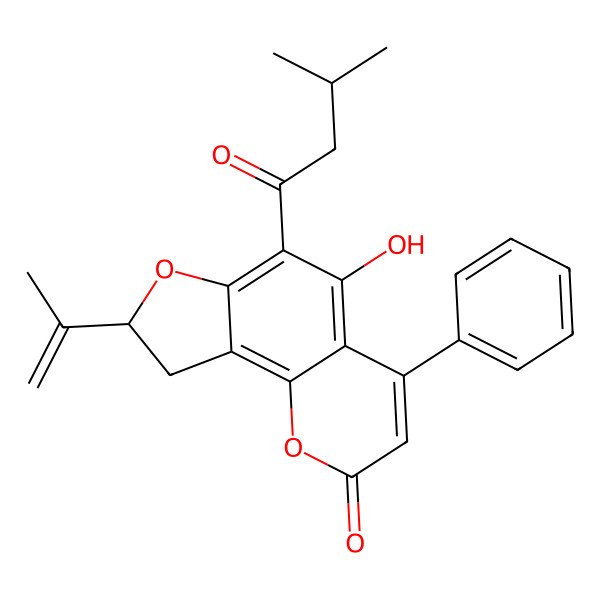 2D Structure of (8S)-5-hydroxy-6-(3-methylbutanoyl)-4-phenyl-8-prop-1-en-2-yl-8,9-dihydrofuro[2,3-h]chromen-2-one