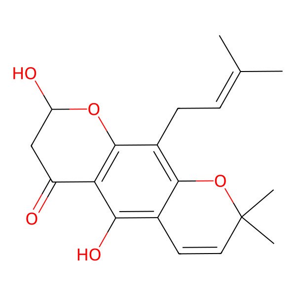 2D Structure of (8S)-5,8-dihydroxy-2,2-dimethyl-10-(3-methylbut-2-enyl)-7,8-dihydropyrano[3,2-g]chromen-6-one