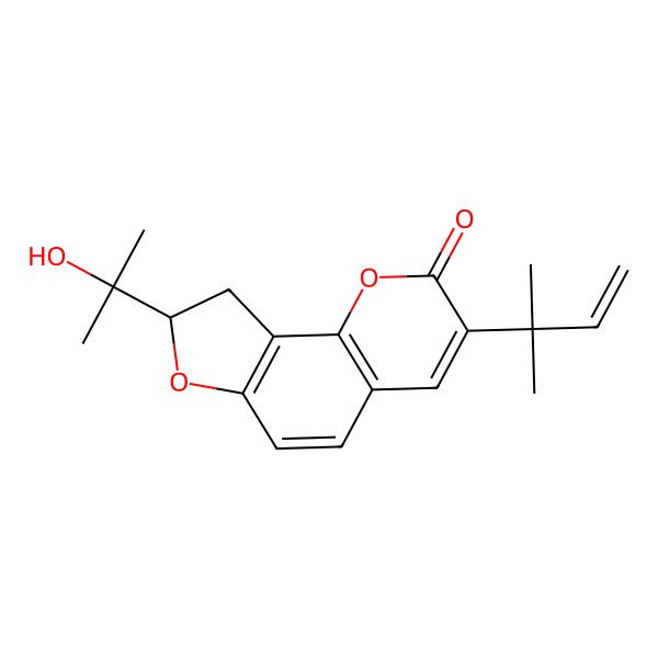 2D Structure of (8S)-8-(2-hydroxypropan-2-yl)-3-(2-methylbut-3-en-2-yl)-8,9-dihydrofuro[2,3-h]chromen-2-one