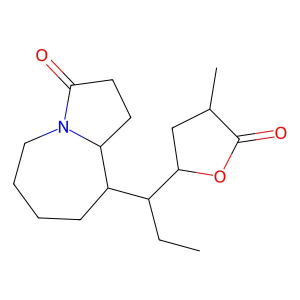 2D Structure of 9-[1-(4-Methyl-5-oxooxolan-2-yl)propyl]-1,2,5,6,7,8,9,9a-octahydropyrrolo[1,2-a]azepin-3-one