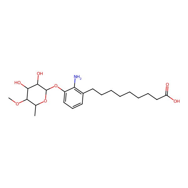 2D Structure of 9'-(2-amino-3-(4''-O-methyl-alpha-rhamnopyranosyloxy)phenyl)nonanoic acid
