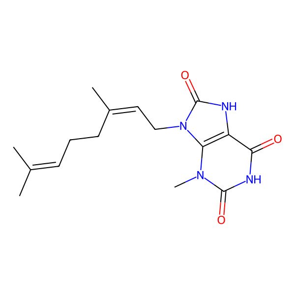 2D Structure of 9-[(2E)-3,7-dimethylocta-2,6-dienyl]-3-methyl-7H-purine-2,6,8-trione