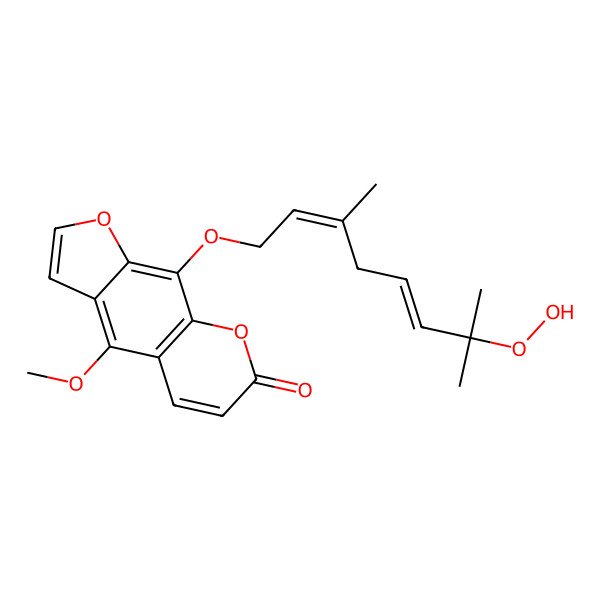 2D Structure of 9-[(2E,5E)-7-hydroperoxy-3,7-dimethylocta-2,5-dienoxy]-4-methoxyfuro[3,2-g]chromen-7-one