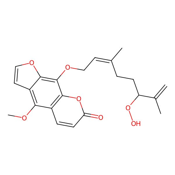 2D Structure of 9-[(2E,6R)-6-hydroperoxy-3,7-dimethylocta-2,7-dienoxy]-4-methoxyfuro[3,2-g]chromen-7-one