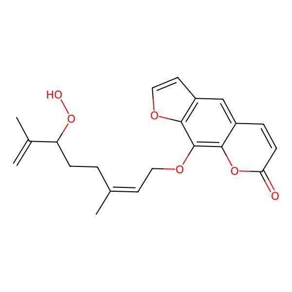 2D Structure of 9-[(2E,6S)-6-hydroperoxy-3,7-dimethylocta-2,7-dienoxy]furo[3,2-g]chromen-7-one