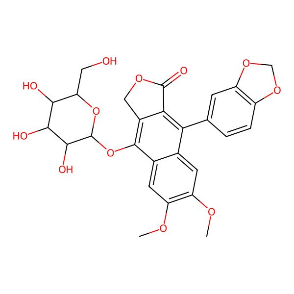2D Structure of 9-(2H-1,3-Benzodioxol-5-yl)-6,7-dimethoxy-1-oxo-1,3-dihydronaphtho[2,3-c]furan-4-yl hexopyranoside
