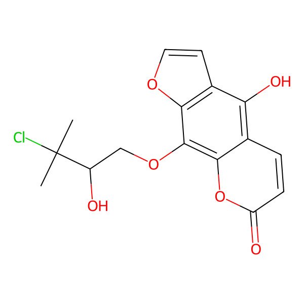 2D Structure of 9-[(2R)-3-chloro-2-hydroxy-3-methylbutoxy]-4-hydroxyfuro[3,2-g]chromen-7-one
